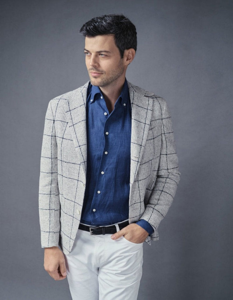 LUXURY EXCLUSIVE PLAID LINEN BLEND JACKET